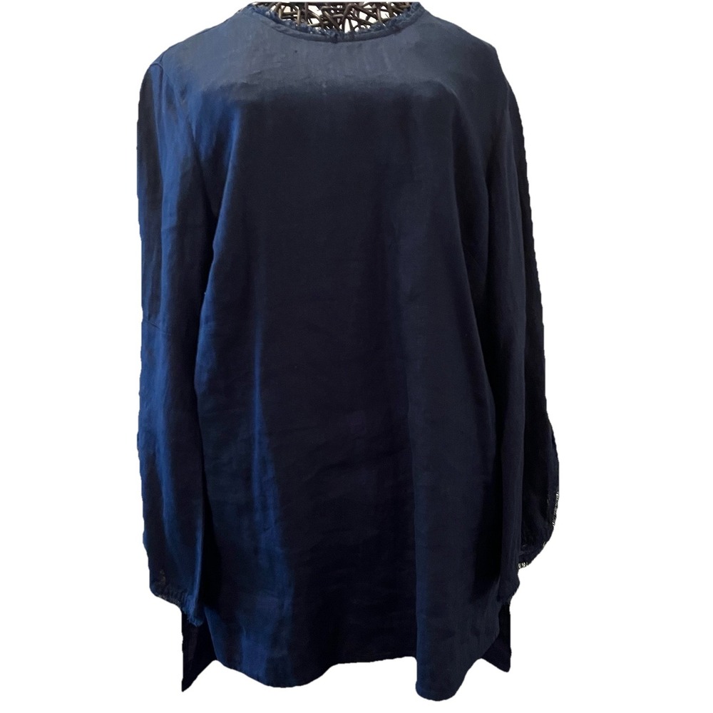 J Jill Love Linen‎ Tunic Top Fringe Trim Navy Blue XS Relaxed Minimalist Coastal